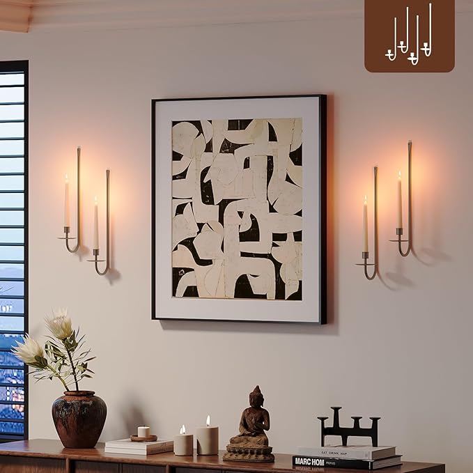 Metal Wall Candle Sconce Holder Set of 4 Wall Mount Candle Holder Pillar Holder Brass Modern Wall Candle Sconces Hanging for Living Room Farmhouse Fireplace Wedding