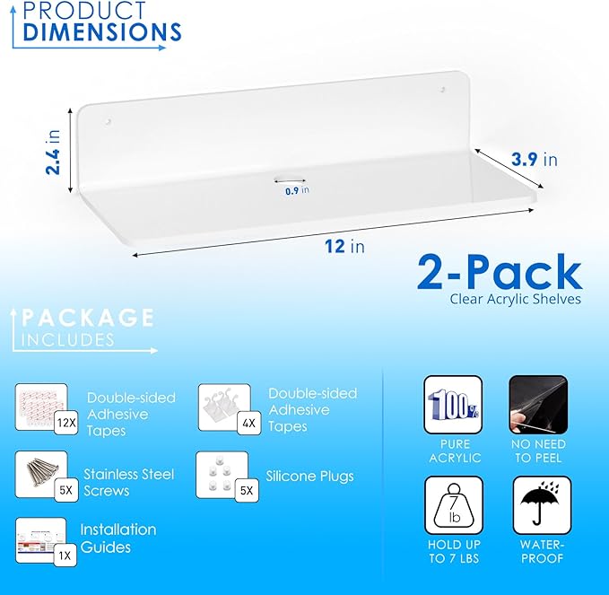 OAPRIRE White Acrylic Floating Shelves Set of 2 - Damage Free Expand Wall Space - 12 Inch Wall Shelves with Strong Adhesive for Bathroom, Bedroom, etc