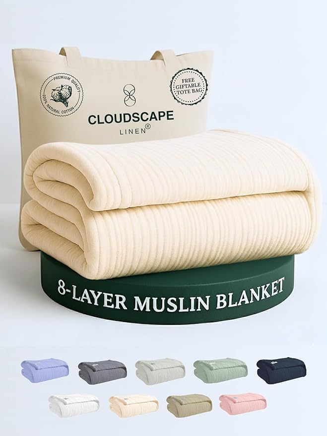 Cloud Scape Linen 8-Layer Muslin Blanket King Size for Adult - 100% Cotton, Breathable and Soft, Perfect Winter Cozy Blanket, Fits up to California King Bed, 92x108, Ivory