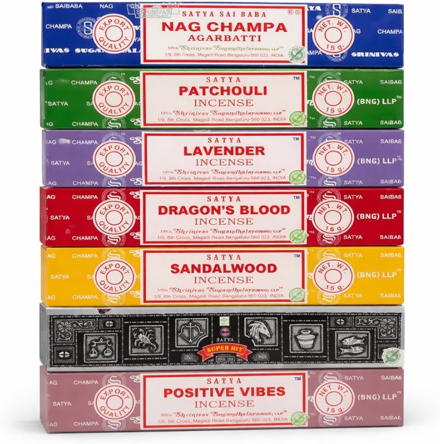Satya Incense Gift Set Nag Champa, Super hit, Dragon's Blood, Sandalwood, Patchouli, Lavender, Positive Vibes, 15 g