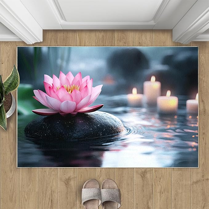 Zen Stones Washable Area Rug 5x7, Pink Petals Soft Rugs for Living Room Recuperative Spa Carpet Area Rugs for Bedroom Dining Room Non-Slip Stain Resistant Rug