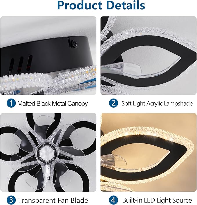 21-Inch Ceiling Fan with Lights and Remote Control, Black Geometric, 6 Wind Speeds, 3 Light Color, Low Profile, Flush Mount, for Kitchen, Bedroom, Living Room