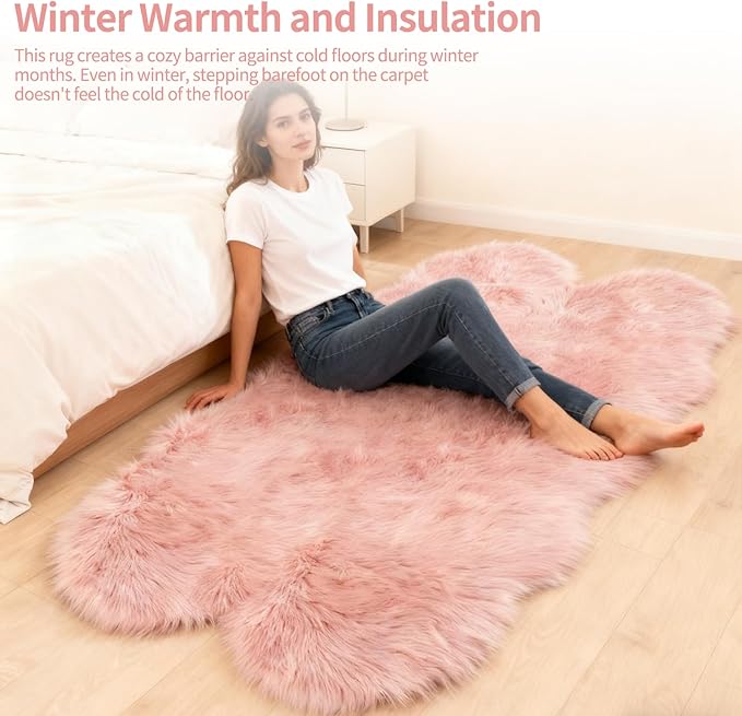 Pink Faux Fur Sheepskin Area Rug for Living Room Bedroom, 4 x 6 Feet Ultra Soft Shaggy Fuzzy Furry Carpet Chair Throw Large Rugs for Kids, Girls, Nursery Room Decor Dorms