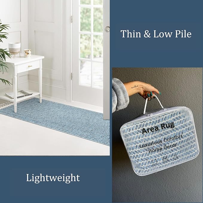 Lahome Boho Bathroom Rugs, Small 2x3 Front Door Bath Mats Lightweight Entryway Rug Woven Cotton Area Rug with Tassels, Farmhouse Blue Throw Rug Washable Low Pile Carpet for Kitchen