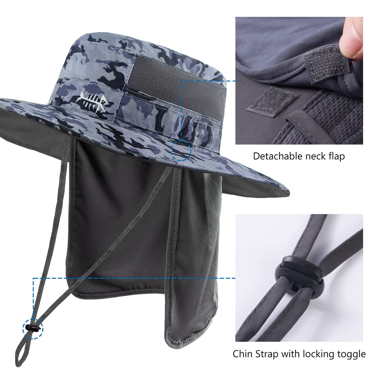 BASSDASH UPF 50+ Sun Fishing Hat Water Resistant with Detachable Neck Flap