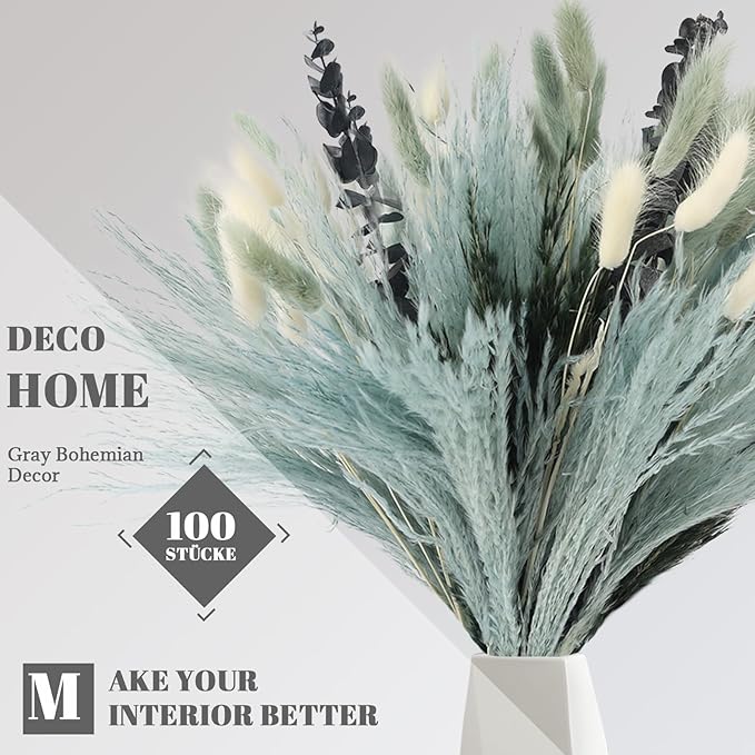 N&T NETING 100Pcs Grey Pampas Grass Decor Natural Dried - Gray Pampas Grass Bunny Tails Eucalyptus Leaves Gray Flowers for Centerpieces Rustic Living Room Home Wedding Boho Modern Decor(17.5 Inch)