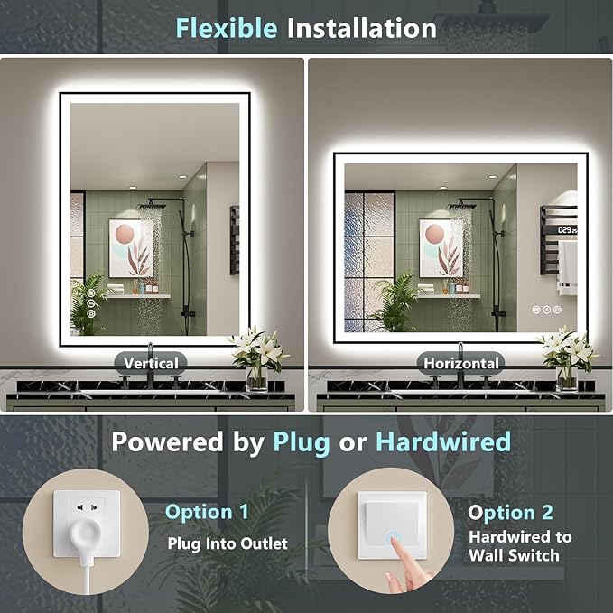 44x30 Black Framed LED Bathroom Mirror with Lights, Backlit + Front Lit, Anti-Fog Lighted Vanity Mirror for Bathroom Wall with 3 Colors, Dimmable, Memory, Tempered Glass, Horizontal/Vertical