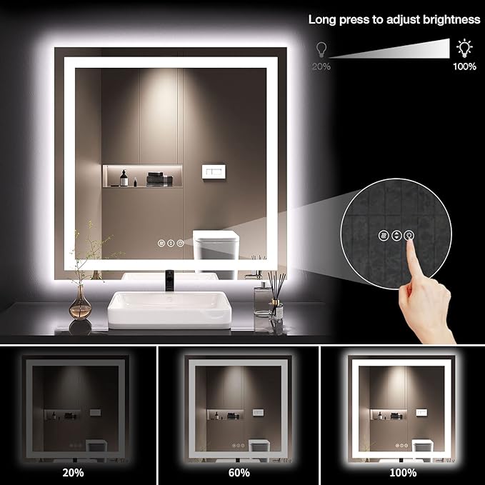 LOAAO 36X36 LED Bathroom Mirror with Lights, Anti-Fog, Dimmable, Backlit + Front Lit, Lighted Bathroom Vanity Mirror for Wall, Memory Function, Tempered Glass, Safe to Use, ETL Listed