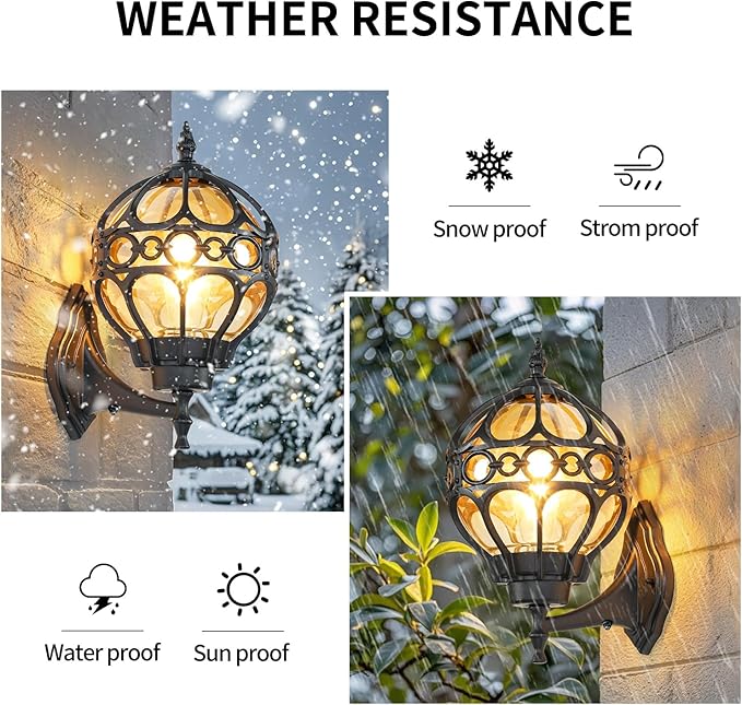 Dusk to Dawn Outdoor Lighting, Black Porch Wall Lights, Black Globe Aluminum Exterior House Lantern Wall Mount, Anti-Rust Waterproof Amber Glass Outside Light Fixtures for Patio Doorway Garage, 2pack