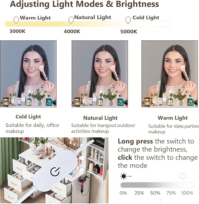 White Makeup Vanity Desk with Lighted Mirror & Power Outlet,3 Color Modes, Brightness Adjustable,Vanity Table with Drawer,Sliding 2 Storage Wall-Mounted Jewelry,4 Shelves for Bedroom