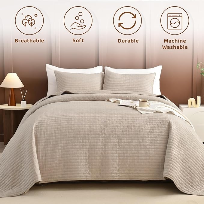 Sanracie Oversized King Quilt Bedspreads 128"x120" for Extra Bed, 100% Cotton California King Coverlet Quilt Set Linen Colored 3Pcs Lightweight Extra Large King Bed Quilt for All Season