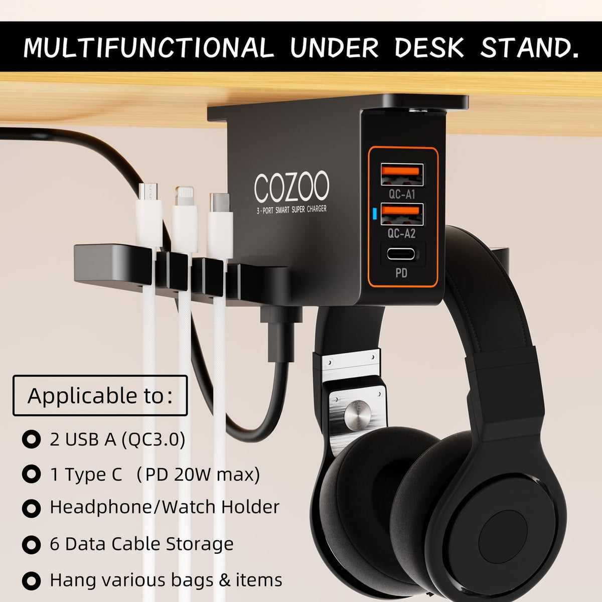cozoo Headset 3 Headphone Stand with USB Charger Under Desk Holder Mount USB Charging Station,iWatch Stand Watch Dock