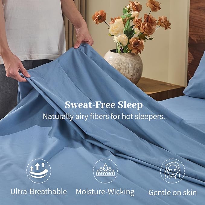 MEISHANG 100% French Pure Linen Sheets King Size - Bed Sheets 4 Piece Sets, Soft Durable Flax Linen, Anti-Tear Breathable Oeko-Tex Certified with 16" Deep Pocket (Dusty Blue)