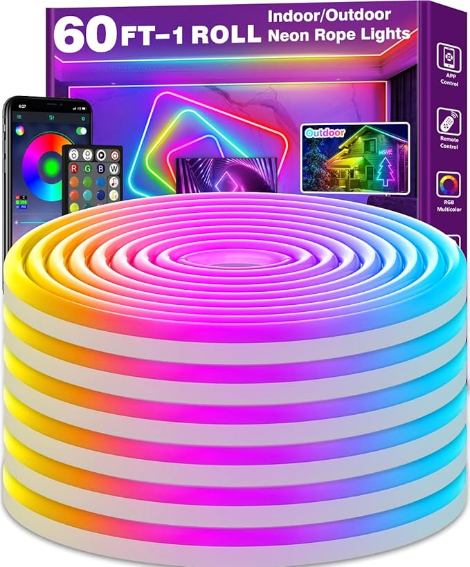 AILBTON 60FT Led Neon Rope Lights Control with App/Remote,Flexible Led Rope Light,Multiple Modes,IP65 Outdoor RGB Lights Waterproof,Music Sync Gaming Led Neon Strip Light for Bedroom Decor
