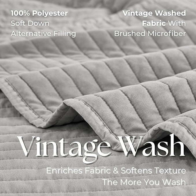 DOWN HOME Twin Quilt Bedding Set with Sham, Vintage Washed Soft Quilted Blanket Thin Comforter Lightweight Bedspread Coverlet Bed Cover, Brushed Microfiber Stripe Stitching, Light Gray, 66"x92"