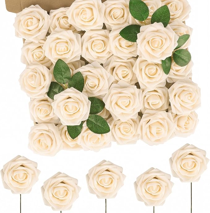 N&T NIETING Roses Artificial Flowers, 50pcs Fake Flowers Foam Roses for DIY Wedding Bridal Bouquet Baby Shower Party Cake Wall Decoration, Cream