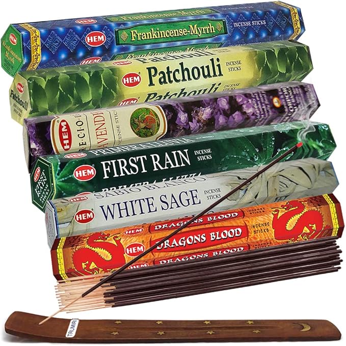 Hem Incense Sticks Variety Pack #23-120 Insence-Sticks (6 Incents x 20 Insense) + Incense Stick Holder with 6 Most Liked Scents Including Patchouli Dragons Blood White Sage Frankincense-Myrrh