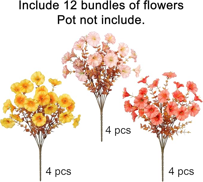 Artificial Mums for Outdoors Fake Fall Flowers Plants for Autumn Decoration, 12 Bundles Silk Morning Glory with Eucalyptus Look Real UV Resistant Faux Mums for Outside Planters Yard Patio Porch, Mix
