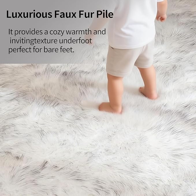 Faux Fur Sheepskin Area Rug for Living Room Bedroom, White with Grey Tips, 4 x 6 Feet Ultra Soft Shaggy Fuzzy Furry Carpet Chair Throw Large Rugs for Kids, Girls, Nursery Room Decor Dorms