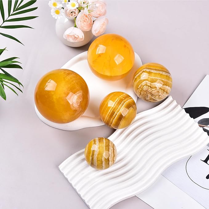 JIC Gem Extra Large Yellow Fluorite Crystal Sphere,Decorative Crystal Ball Yellow Gemstone Sphere for Meditation,Office Table Decorations 100-110mm