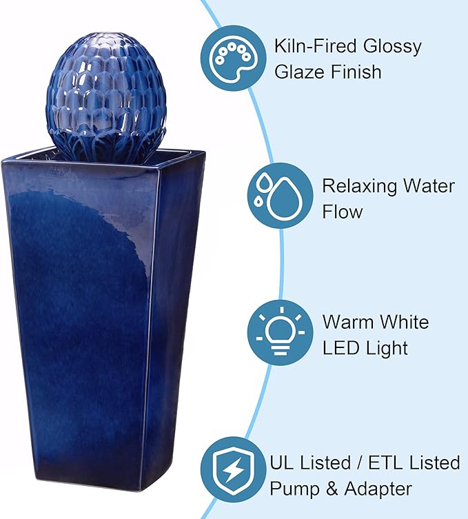 Glitzhome Ceramic Outdoor Water Fountain with LED Light, Oversized Artichoke Pedestal Water Fountains with Submersible Pump, Patio Fountain Waterfall for Garden Patio Deck Porch, Cobalt Blue, 35.75" H
