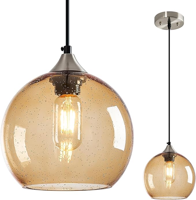 Light Brown Glass Pendant Lights Kitchen Island Lighting Globe Pendant Light Fixtures Modern Pendant Lighting for Bedroom Living Dining Room Light Fixture (7.87 in, 1 Pack)