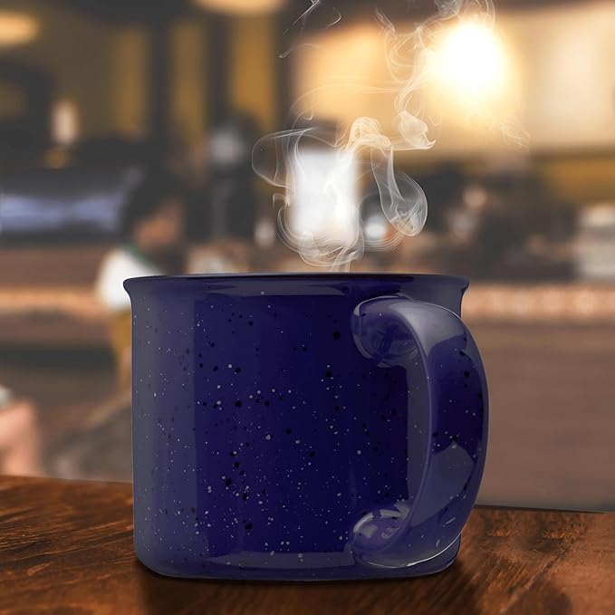 DISCOUNT PROMOS Ceramic Campfire Coffee Mugs 13 oz. Set of 10, Bulk Pack - Perfect for Tea, Espresso, Cappuccino, Hot Cocoa - Blue