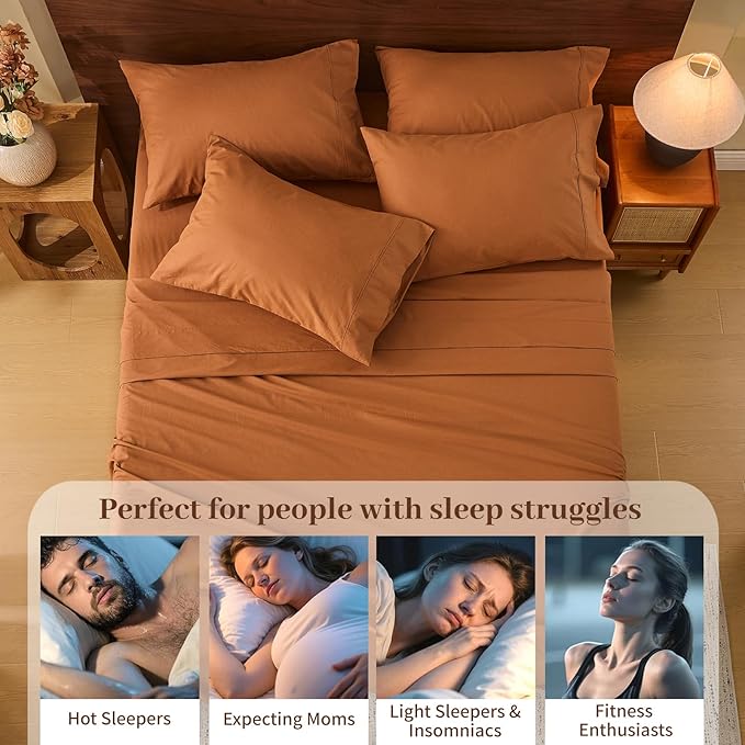 MEISHANG 100% French Pure Linen Sheets King Size - Bed Sheets 4 Piece Sets, Soft Durable Flax Linen, Anti-Tear Breathable Oeko-Tex Certified with 16" Deep Pocket (Brown)