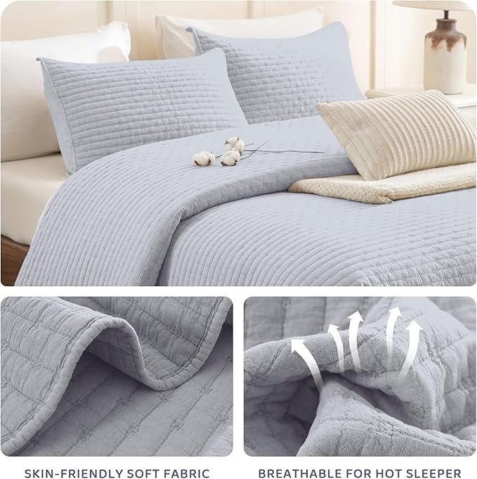 Sanracie Stonewashed Cotton Coverlet Queen Size(90"x98"), Ultra Soft Cornflower Blue Crinkle Quilt Bedding Set 3Pcs Cross Stitch Pattern Lightweight Breathable Bedspread Set for All Season