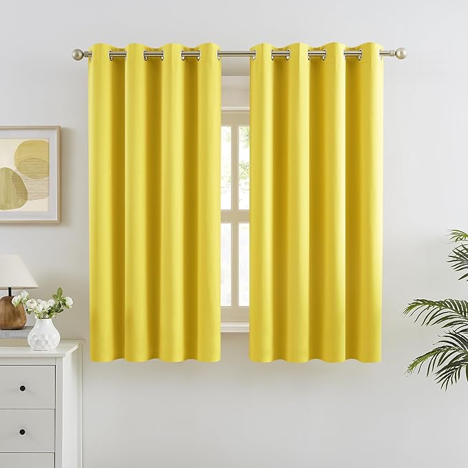 DUALIFE Yellow Blackout Curtains - Room Darkening Grommet Thermal Insulated Small Window Curtain for Kids Bedroom, 2 Panels Sets (52 x 45 Inches Long, Illuminating Yellow)