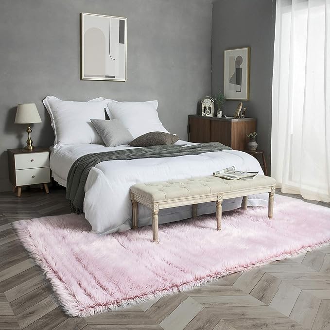 Ashler Faux Fur Rug, Fluffy Shaggy Area Rug Ultra Soft 6 x 9 Feet Rectangle Fur Rug Frosted Bottom Pink Fuzzy Rug Machine Washable Shag Rug, Nursery Decor Throw Rugs for Bedroom, Living Room