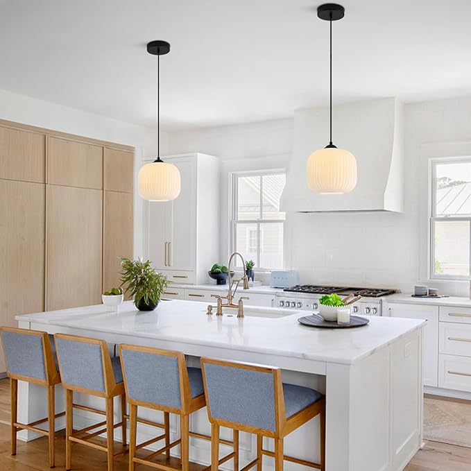KCO Lighting Frosted White Glass Pendant Light Black Farmhouse Kitchen Light Fixtures Ceiling Hanging Over Table Mid Century Modern Globe Pendant Light Single Hanging Light Fixture