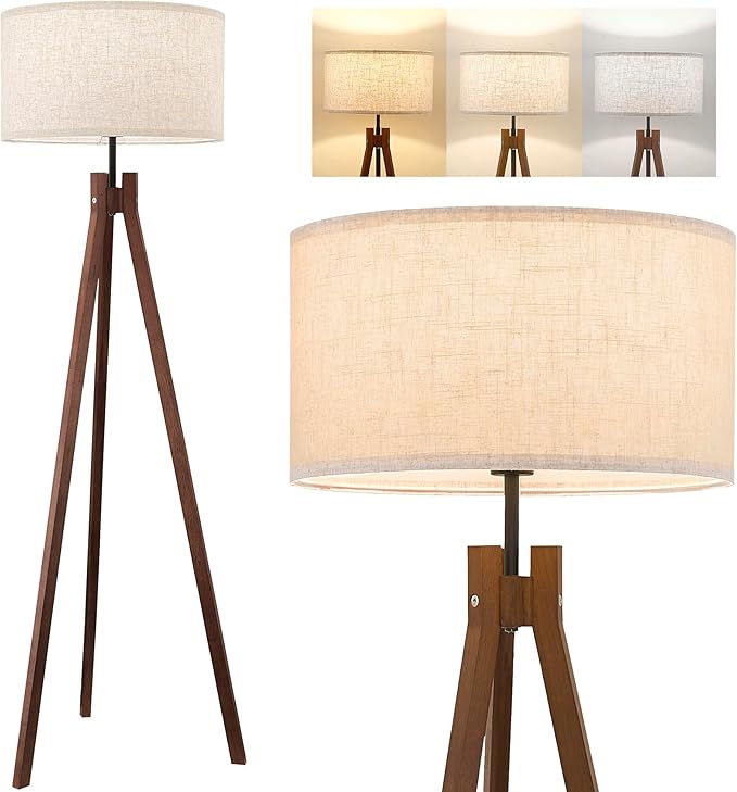 ELYONA Wood Tripod Floor Lamp, Mid Century Reading Standing Lamp with 3 Color Temperatures & Linen Shade, Modern Night Light for Bedroom, Farmhouse, Living Room, Office, 9W LED Bulb Included, Brown