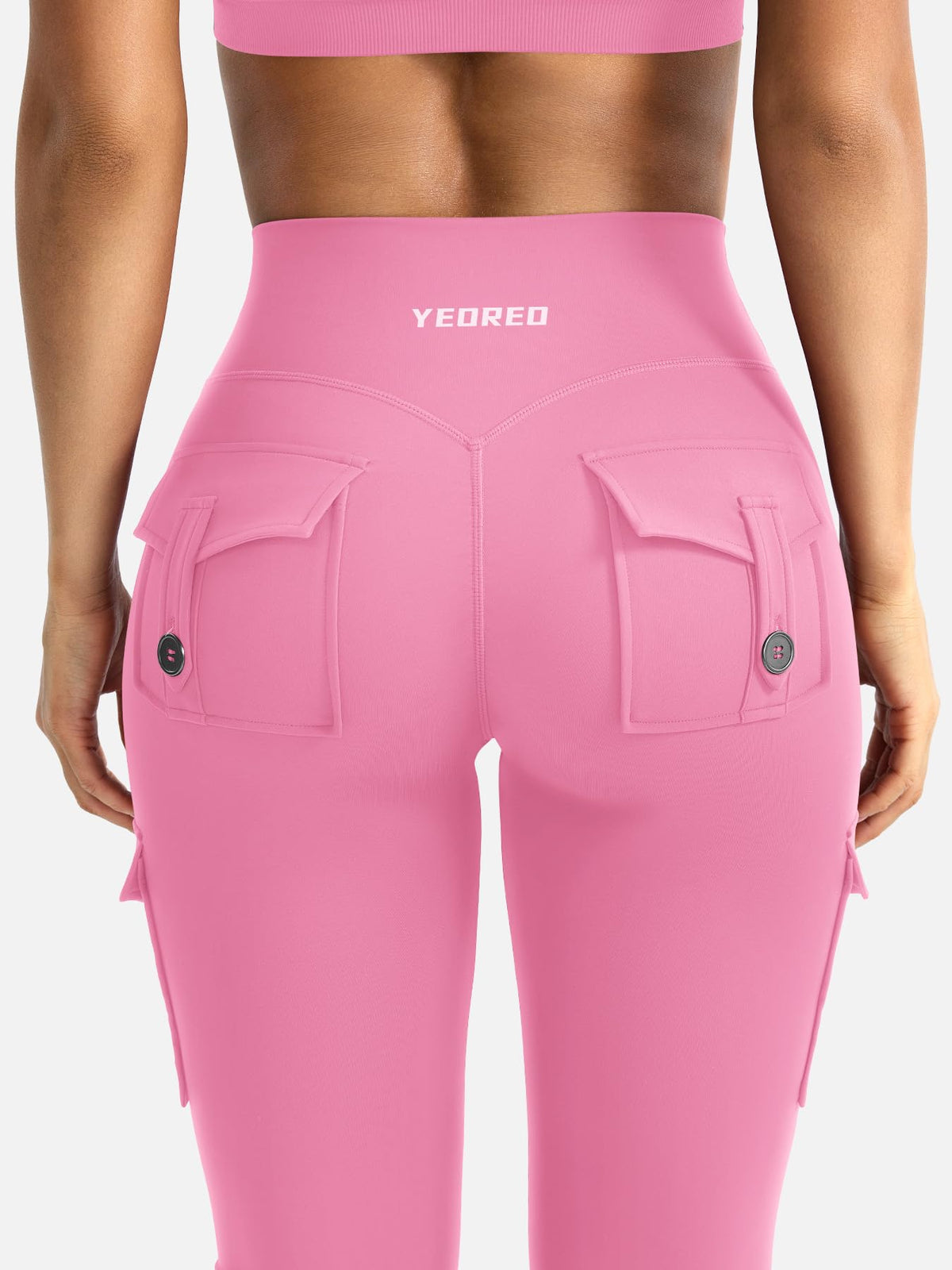 YEOREO CoreFlex Women Workout Flare Leggings with Pockets Hidden Scrunch High Waisted Cargo Gym Yoga No Front Seam Leggings Pink S