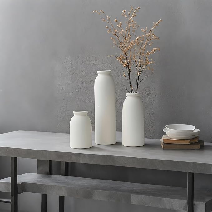 10.6 inches Tall Decorative Ceramic Vase Set, 3 Pieces, Nordic Modern Boho Style, White, for Home Decor (White)