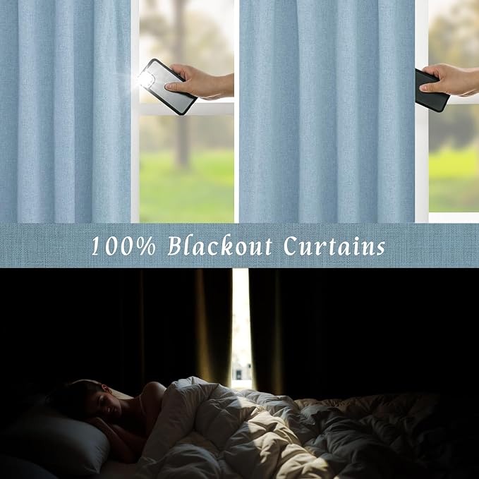 LAMIT Stone Blue 100% Blackout Linen Curtains, 63 Inches Linen Textured Thermal Bedroom Curtains Back Tab and Rod Pocket Neutral Panels with White Liner for Farmhouse, 2 Panels, 38 x 63 Inch