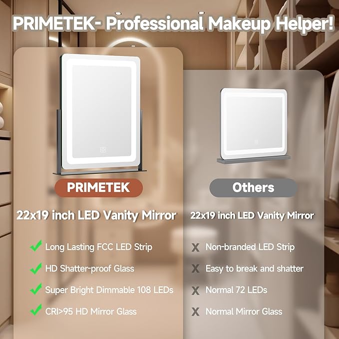 PRIMETEK Vanity Mirror with Lights, 19"x22" Large Makeup Mirror with Lights, LED Lighted Makeup Mirror, Touch Screen with 3-Color Lighting, Dimmable for Vanity Desk Tabletop, Bedroom, Black