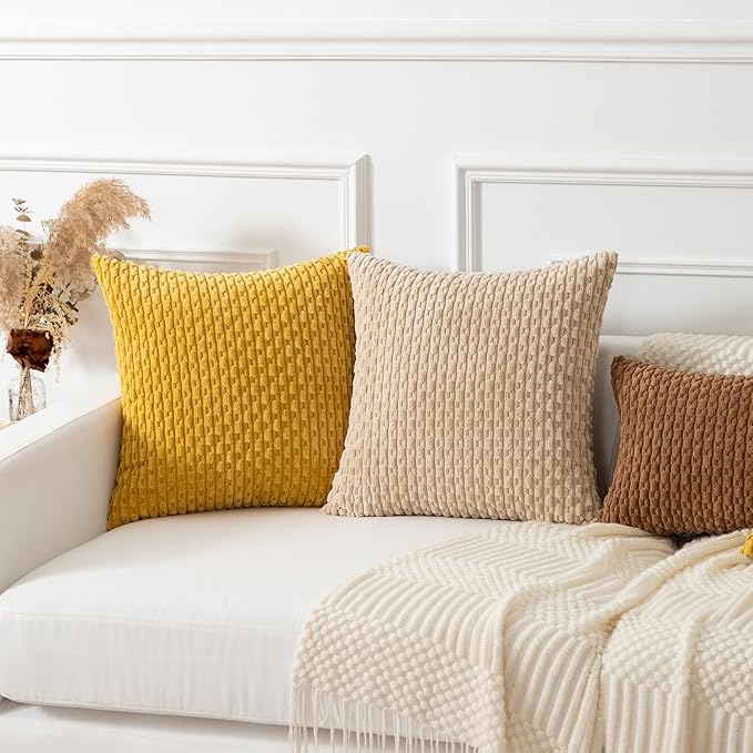 Kevin Textile Throw Pillow Covers Soft Corduroy Decorative Set of 2 Boho Striped Pillow Covers Pillowcases Farmhouse Home Decor for Couch Bed Sofa Living Room 18x18 Inch Mustard Yellow