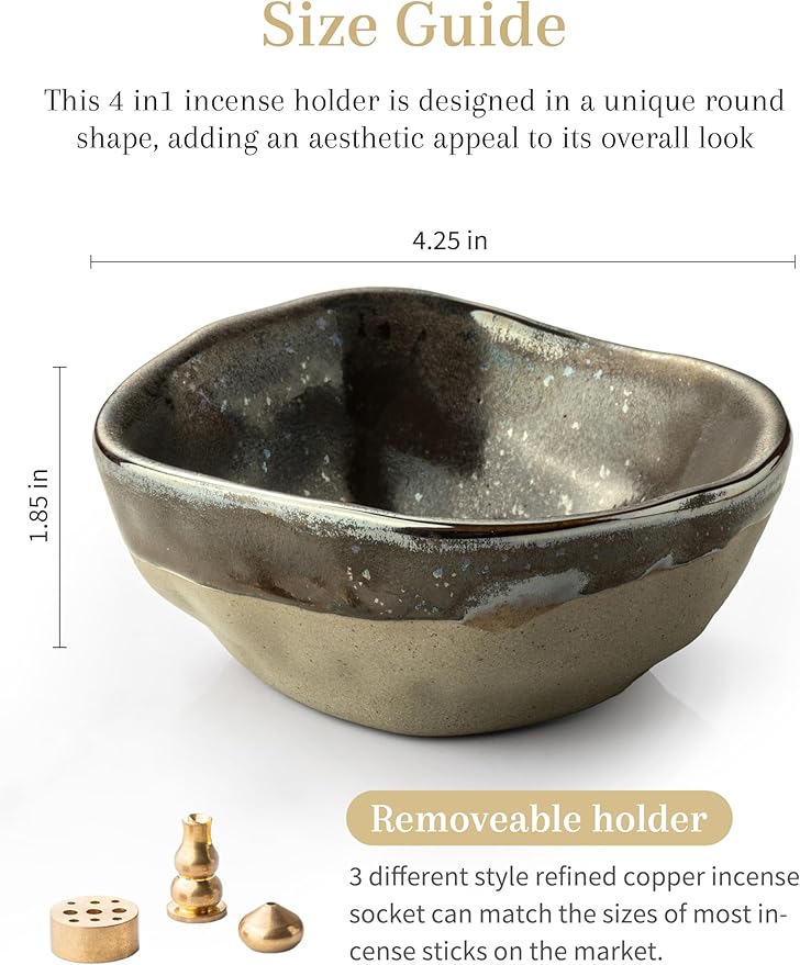 Ceramic 4 in 1 Incense Burner, 4.25 Inch Incense Holder with 3 Refined Copper Incense Sockets, Unique Round Shape Insence-Stick Holder for Meditation Decor, Yoga, SPA, Black
