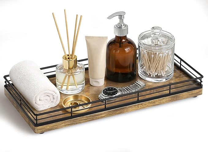 Bathroom Vanity Tray – 12" x 6" Decorative Wooden Tray for Toilet Tank Organizer Wood Tray for Bathroom Countertop, Soap, Perfume & Accessories Storage Vanity Dresser Decor Black & Rustic Brown