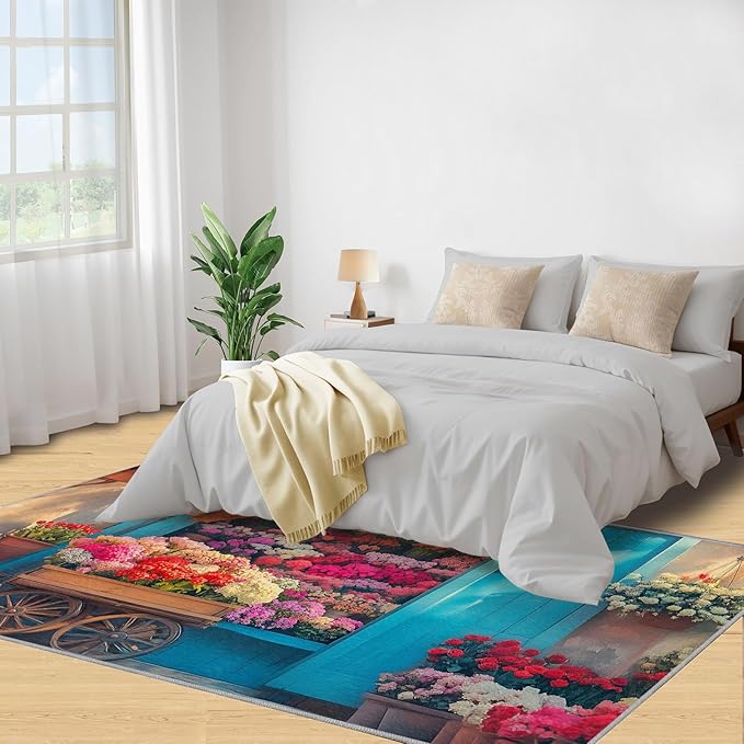 Pastoral Flowers 3x4 Area Rug Colorful Flower Shop Washable Rugs for Living Room Bedroom, Retro Wooden Door Soft Low Pile Non Slip Accent Floor Mat Print Throw Rug Indoor Carpet Dining Room Playroom