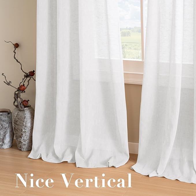H.VERSAILTEX White Natural Linen Curtain Panels Energy Efficient Semi - Sheers Linen Curtains/Nickel Grommet Window Treatments Panels/Drapes (Set of 2, 52 by 96 Inch, Pure White)