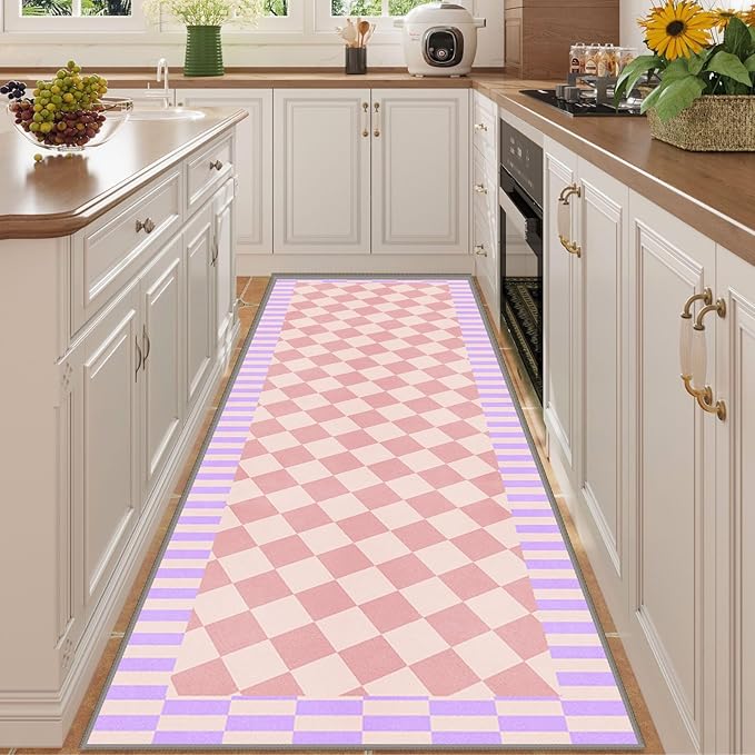 Pink Checkered Long Hallway Rug Runners, 2x6ft, Cute Girly Purple Geometric Design Bedroom Carpets for Girls, Fade Resistant Durable Pet Friendly Easy Clean Carpet for Indoor Porch