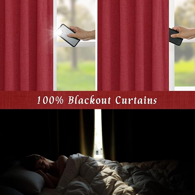LAMIT Linen 100% Blackout Window Curtains for Bedroom, 45 Inches Linen Textured Thermal Christmas Decor Curtains Back Tab and Rod Pocket Window Panels with White Liner, 2 Panels, 38 x 45 Inch, Red