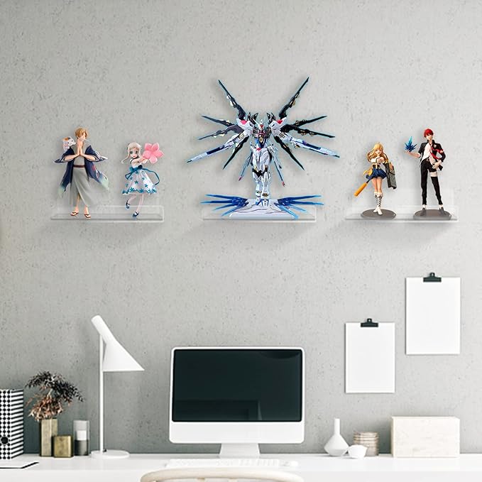 Floating Acrylic Shelves, 8X6 Inch Clear Wall Shelf, Small Plant Shelves, Picture and Toy Display Stand (No Drill, 4 Pack)