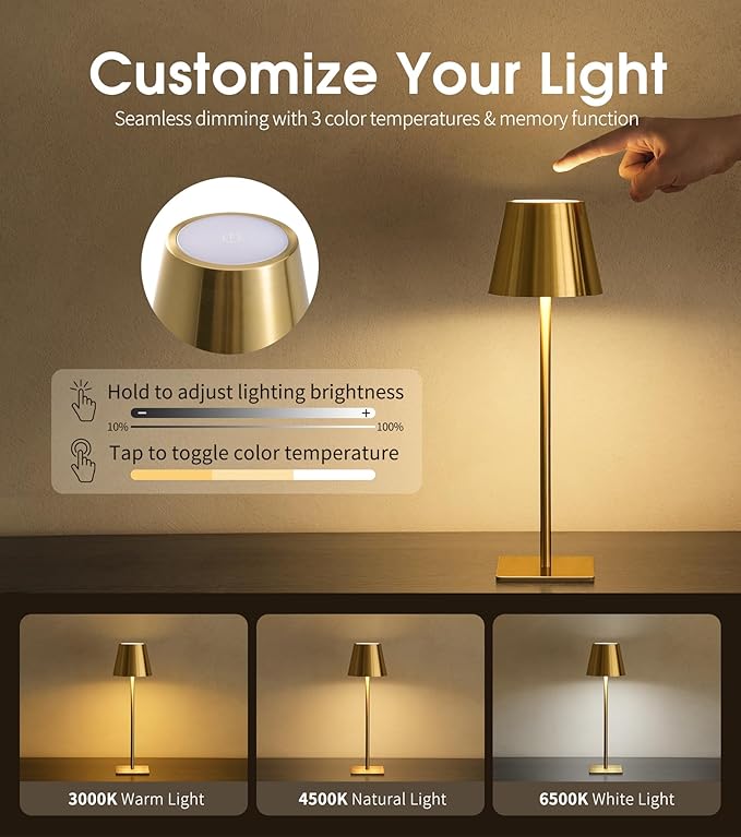 UME Cordless Table Lamp, Battery Operated Lamp - Portable Waterproof Rechargeable Table Lamp w/ 3 Color Temps & Stepless Dimming for Dinner, Desk, Cafe, Outdoor (Brushed Gold)