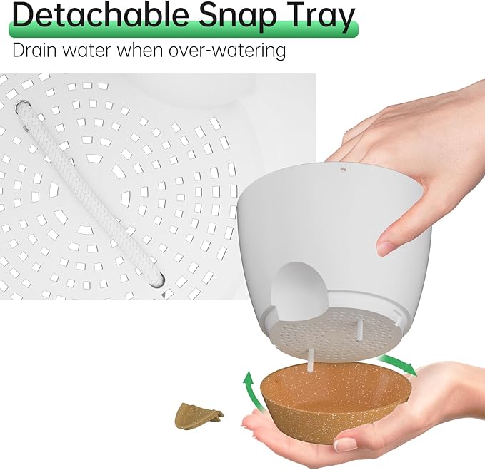 ZMTECH 6.5 Inch Hanging Planters for Indoor Outdoor Plants, 2 Pack Self Watering Hanging Plant Pots with Drainage Holes and Removable Saucer, Plastic Flower Hanging Pots with Watering Lip (White)