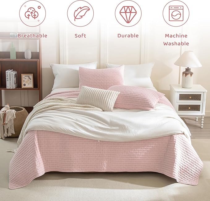 Sanracie Cotton Quilt Set King Size(110"x98"), Light Pink Ultra Soft Stonewashed Crinkle Quilt Bedspread Set 3Pcs Cross Stitch Pattern Lightweight Breathable Bed Coverlet Set for All Season