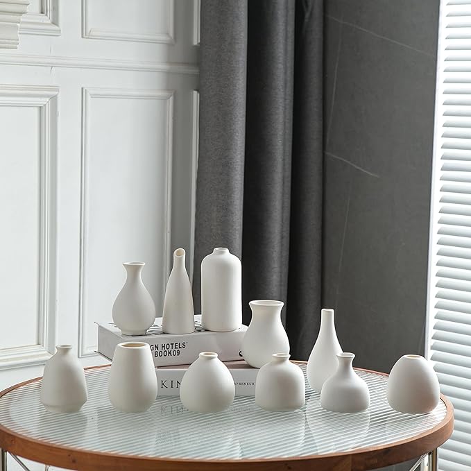 JOJUNO White Bud Vases, Small Ceramic Vase Set of 11, Mini Pottery Vases for Flowers, Decorative Pieces for Home Modern Decor, Boho Decor, Chic Accents for Living Room Dining Table Shelves