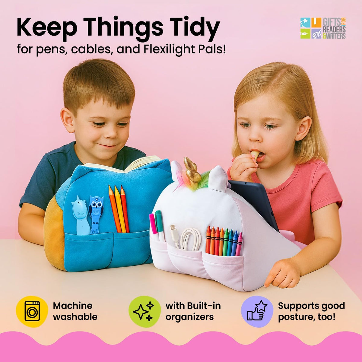 Gifts for Readers & Writers Tablet & Book Stand for Kids, Soft Reading Pillow, Book Holder with Pockets for Storage